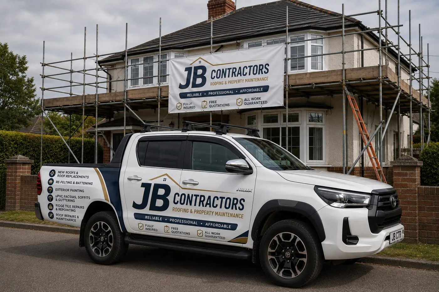 Falmouth Roofing pickup truck on site at a scaffolded roofing job in Falmouth
